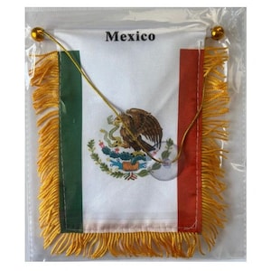 Könnte beinhalten: Eine kleine mexikanische Flagge mit goldenen Fransen und einer Plastiktüte. Die Flagge zeigt das mexikanische Wappen mit einem Adler, der auf einem Kaktus sitzt, einen Schlangen in seinem Schnabel und die Aufschrift "Mexiko".