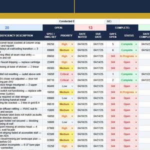 May include: A detailed construction punch list document with a blue header and a yellow progress bar. The table lists items, locations, and deficiency descriptions, with columns for priority, dates, and status. The project is 20% done.
