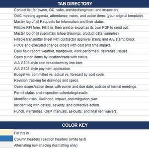 Puede incluir: Una plantilla de documento de gestión de proyectos de construcción que presenta un directorio de pestañas con encabezados de texto azul y descripciones para registros que incluyen RFI, envío, orden de cambio, diario, lista de pendientes e informes de incidentes.