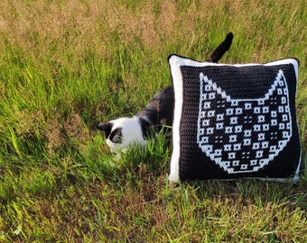 Quilted Cats Overlay Mosaik Häkelmuster, Katze häkeln, Video-Tutorial, Foto-Tutorial, Katzenkissen, süßes Kätzchen häkeln, geometrisch