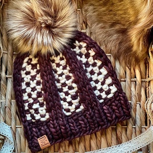 Hand-Knit Merino Wool Beanie: Brown & White Luxe Toque with Pom
