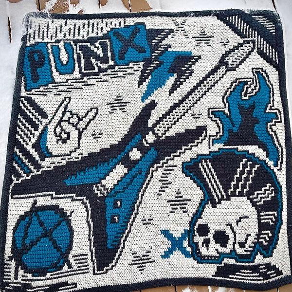 Punk Punx Rock - Overlay Mosaic Crochet PATTERN ONLY, punk blanket, rock and roll, electric guitar crochet pattern, skull crochet, punk rock