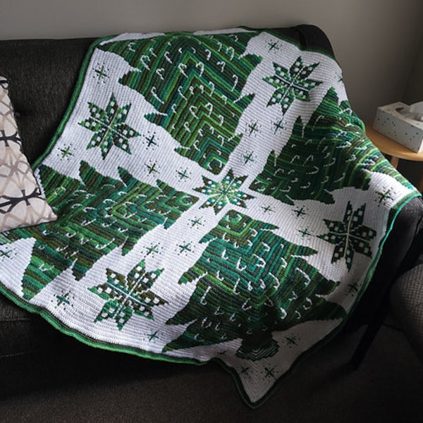 Evergreen Dreams PATTERN ONLY, motif mosaïque superposé au crochet, couverture de sapin de Noël, jeté d'hiver, couvre-lit des fêtes, adapté aux débutants