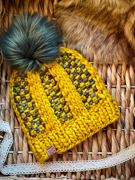 Hand-knit Merino Wool Beanie: Yellow Green Chunky Pom Pom Hat