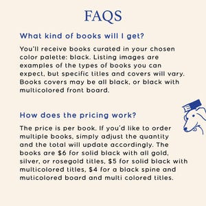 May include: Cream-colored graphic with the title "FAQs" in blue. The text explains the types of books available, curated in a black color palette, and how pricing works. A small blue dog illustration is in the corner.