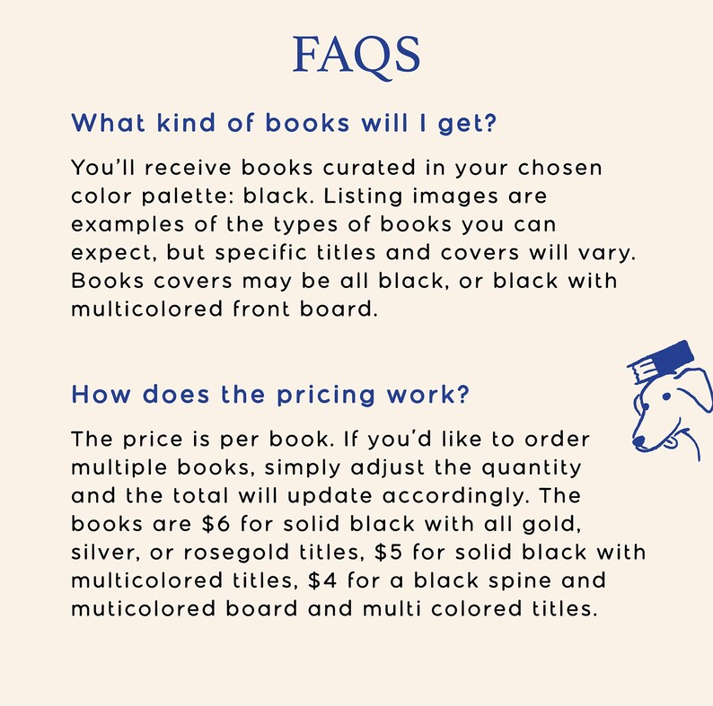 May include: Cream-colored graphic with the title "FAQs" in blue. The text explains the types of books available, curated in a black color palette, and how pricing works. A small blue dog illustration is in the corner.