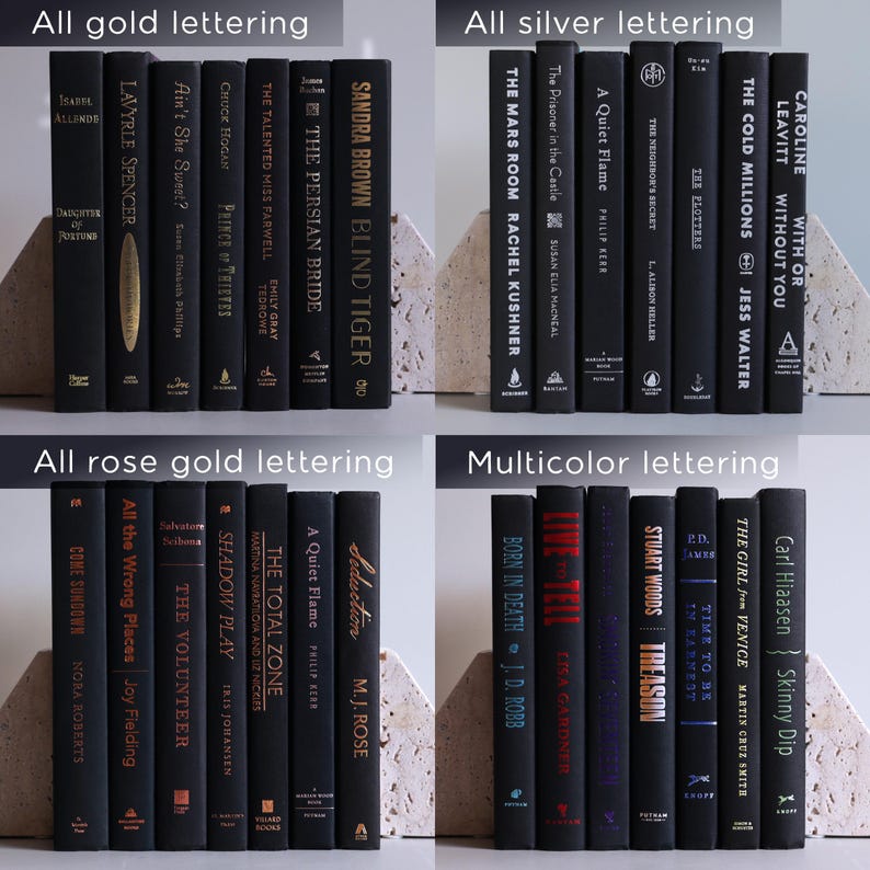 May include: A collection of hardcover books with black covers and various metallic lettering colors, including gold, silver, rose gold, and multicolor. The books are arranged in neat rows, showcasing titles and author names.