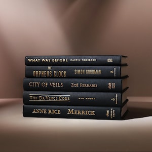 May include: A stack of five hardcover books with black covers and gold lettering. Titles include "What Was Before," "The Orpheus Clock," "City of Veils," "The Da Vinci Code," and "Merrick." The books are arranged on a neutral surface.