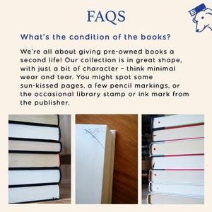 May include: Image of a FAQ page about the condition of pre-owned books. The text states the books are in great shape with minimal wear. Close-up photos show book edges, some with markings and stamps.