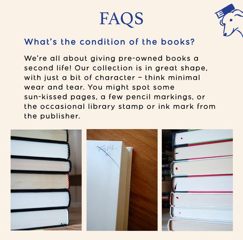 May include: Image of a FAQ page about the condition of pre-owned books. The text states the books are in great shape with minimal wear. Close-up photos show book edges, some with markings and stamps.