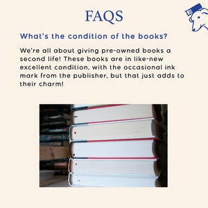May include: Image features a stack of books with white pages and red and white spines. The text "FAQS" and "What's the condition of the books?" are at the top. The text below states the books are in excellent condition.