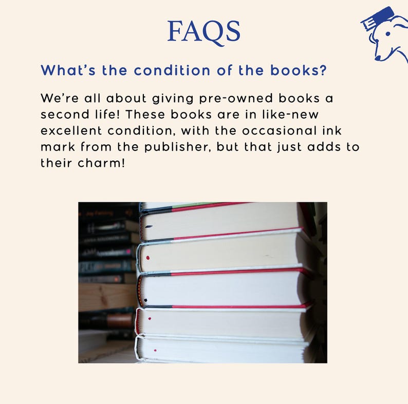 May include: Image features a stack of books with white pages and red and white spines. The text "FAQS" and "What's the condition of the books?" are at the top. The text below states the books are in excellent condition.