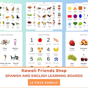 May include: A set of 12 colorful educational flashcards for learning Spanish and English. The flashcards feature images of animals, fruits, numbers, and shapes with both English and Spanish labels.