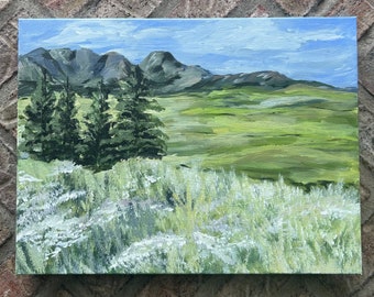 Original Acrylic Painting - Meadow with Pine Trees & Mountains