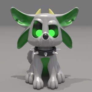 May include: A 3D-rendered cartoon dog figurine with a gray body, green ears, and glowing green eyes. It has a black collar with silver spikes and small yellow horns. The dog is sitting upright.