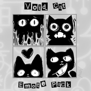 Puede incluir: Una ilustración digital en blanco y negro de un gato con diferentes expresiones. El gato se muestra con un corazón, un cuchillo y un aspecto de goteo y fusión. El texto "Void Cat Emote Pack" está en la parte inferior de la imagen.