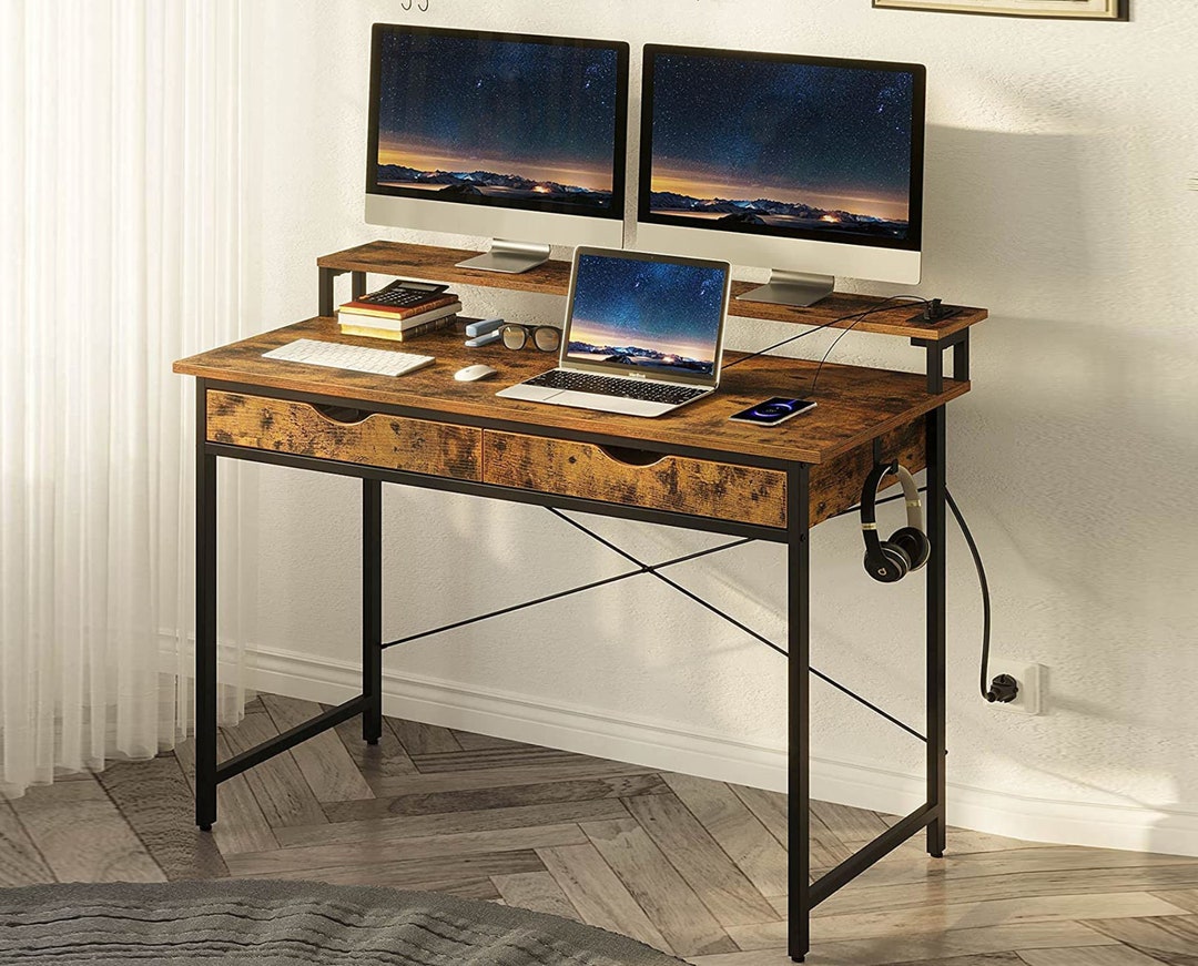 Mid Century Modern Computer Desk With 2 Drawers Writing Desk Etsy