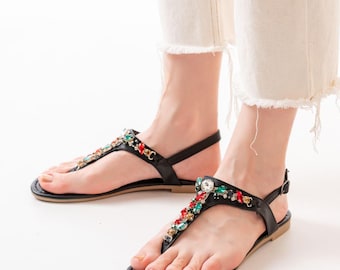 Handmade Leather Rhinestone Sandals, Comfortable Walking Slipper ,Strappy Black Flats,