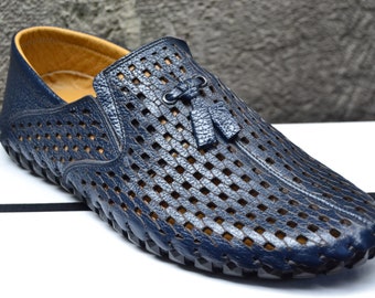 Mocasines de cuero hechos a mano, zapatos de verano azul claro, mocasines de verano transpirables