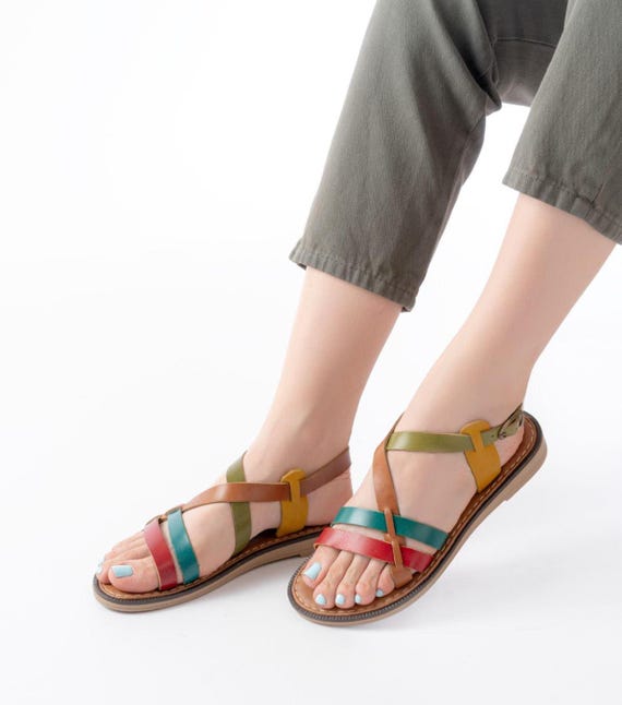 Unique Multicolored Leather Sandals, Personalized Handmade Summer Footwear, Comfortable Strappy Sandals, Gift for her