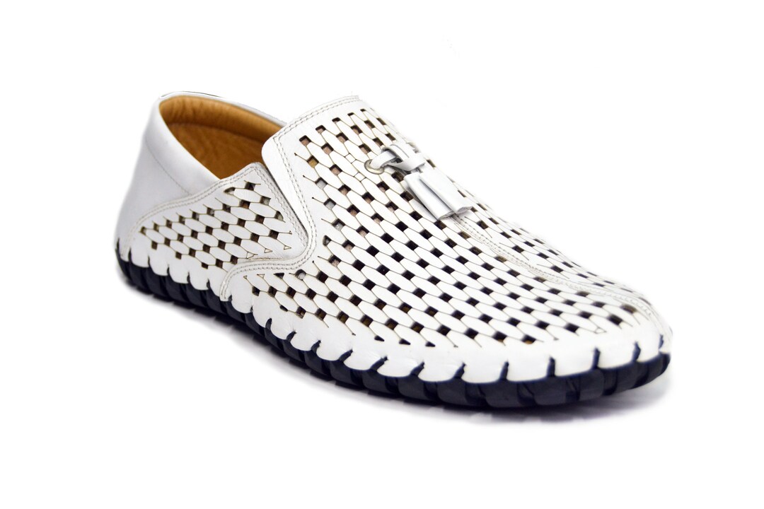 Handmade Men's Shoes White Leather Shoes Leather Loafer Shoes Flat