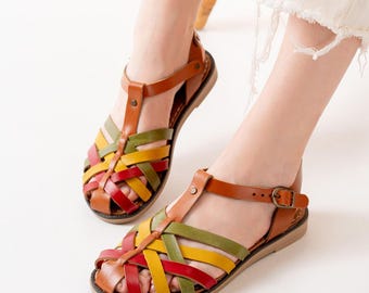 Handmade Leather  Sandals for women, Colorful Lanyard slippers , Comfortable walking sandals