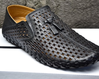 Handmade Men's Black Leather Casual,  Perforated Breathable Summer Shoes,Tassel Slip-On Moccasins ,Luxury MenGift