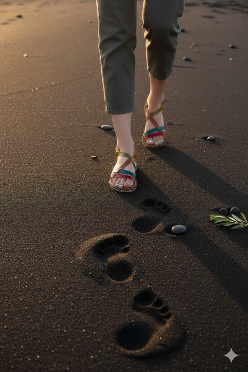 May include: A person wearing brown, red, and teal leather sandals with gold buckles walks on dark sand, leaving footprints. The person is wearing olive green pants. The scene is lit by warm sunlight.