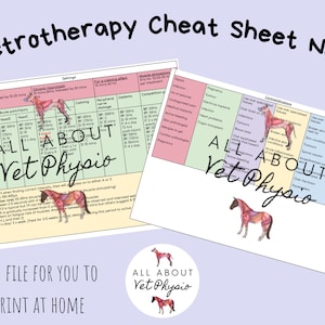 Puede incluir: Una hoja de trucos imprimible para electroterapia veterinaria, con un gráfico colorido que muestra la configuración, las contraindicaciones y un diagrama de la anatomía de un caballo. El texto incluye "All About Vet Physio" y "Electrotherapy Cheat Sheet Notes".