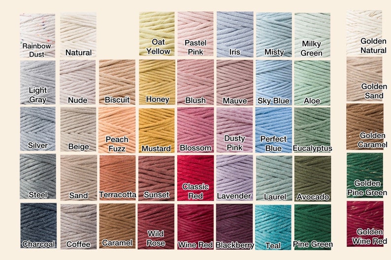 May include: A color chart of 48 different colors of cotton cord. The colors are arranged in rows and columns, with each color having a name written below it. The colors include rainbow dust, natural, oat yellow, pastel pink, iris, misty green, golden natural, light gray, nude, biscuit, honey, blush, mauve, sky blue, aloe, golden sand, silver, beige, peach fuzz, mustard, blossom, dusty pink, perfect blue, eucalyptus, golden caramel, steel, sand, terracotta, sunset, classic red, lavender, laurel, avocado, golden pine green, charcoal, coffee, caramel, wild rose, wine red, blackberry, teal, pine green, and golden wine red.
