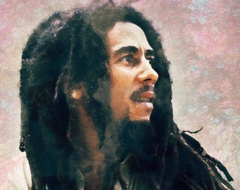 May include: A close-up portrait of a man with long, dark dreadlocks. He is wearing a light brown button-down shirt and has a serious expression on his face. The background is a soft, watercolor-like pink and blue.