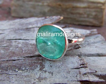 Crystal Colombian Emerald Ring: Boho 925 Sterling Silver Solitaire