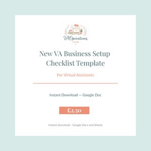 以下が含まれることがあります： 「New VA Business Setup Checklist Template」と「For Virtual Assistants」のテキストが入った、バーチャルアシスタント向けのデジタルチェックリストテンプレート。画像にはロゴと「Instant Download - Google Doc」の文字が含まれています。