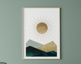 Impresiones de arte de pared verde y dorado, mediados de siglo moderno, arte de pared geométrico, estampados de color verde salvia, decoración de pared de oro verde, estampados boho, impresión de puesta de sol