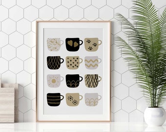 Tea Print, Coffee Printable, Mugs, Black and Gold Kitchen Print, Teacups, Boho Kitchen Sign, Kitchen Printable, Boho Print, Coffee Wall Art