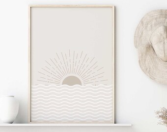 Decoración de la pared boho, arte minimalista de la pared del sol, impresión del sol boho, decoración del hogar del sol dorado, moderno de mediados de siglo, cartel minimalista del sol amarillo imprimible