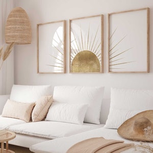Arte della parete del soggiorno in oro, set di 3 stampe Wall Art, stampe Sun Wall Art, decorazione della parete del soggiorno, stampe d&#39;arte astratte in oro, stampe digitali