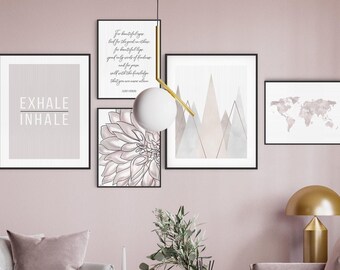 Blush Pink Gallery Wall Set, Pink Wall Art, Set of 5 Prints, Pink print set, Girls room Decor, Printable pink prints, Floral Print set, Pink