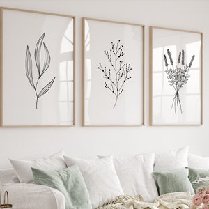 Minimal Line Botanical Print Set of 3, Gallery Wall art, Line Flowers Printable Art, Wild Flowers Art Floral Line Art, Modern Home Decor Art