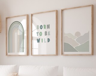 AWFTSTL Set Di 3 Stampe Su Tela Verde Salvia | Quadri Astratti Bohémien | Decorazione Da Parete Per Soggiorno, Camera Da Letto, Bagno | Arte Moderna Con Foglie