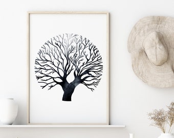 Blauwe aquarel, Indigo Wall Art, aquarel afdrukbaar, abstracte boomkunst, modern minimalistisch, marineblauw decor, donkerblauw, grote muurkunst