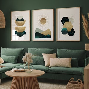 Dunkelgrün und Gold Wohnzimmer Wanddekoration, 3er Set Drucke, Smaragdgrün, Luxus Smaragd Wandkunst, Sofort download