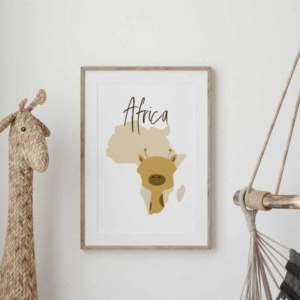 Safary Nursery Print, Safari Scandi Nursery, Giraffe printable, Africa map printable, Nursery Wall Art, Neutral Nursery print