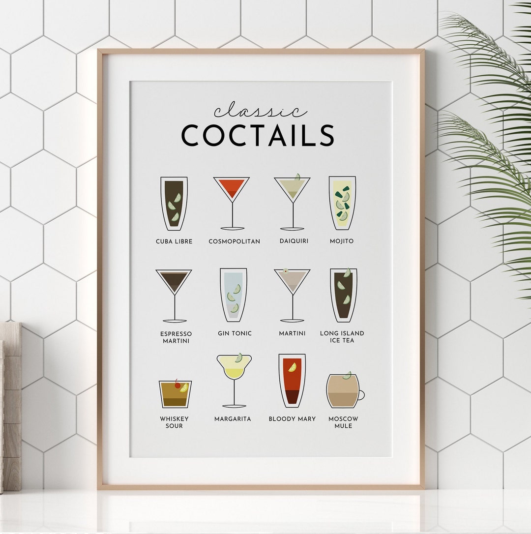 printable kitchen prints wall art, set of 6, hand... 12 Popular Cocktails, Cocktails Recipe Print, Cocktail Print, Cocktail ...