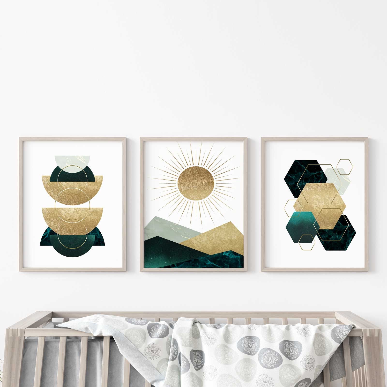 Dark Green and Gold Living Room Wall Decor, Set of 3 Prints, Abstract Print Set, Emerald Green ...