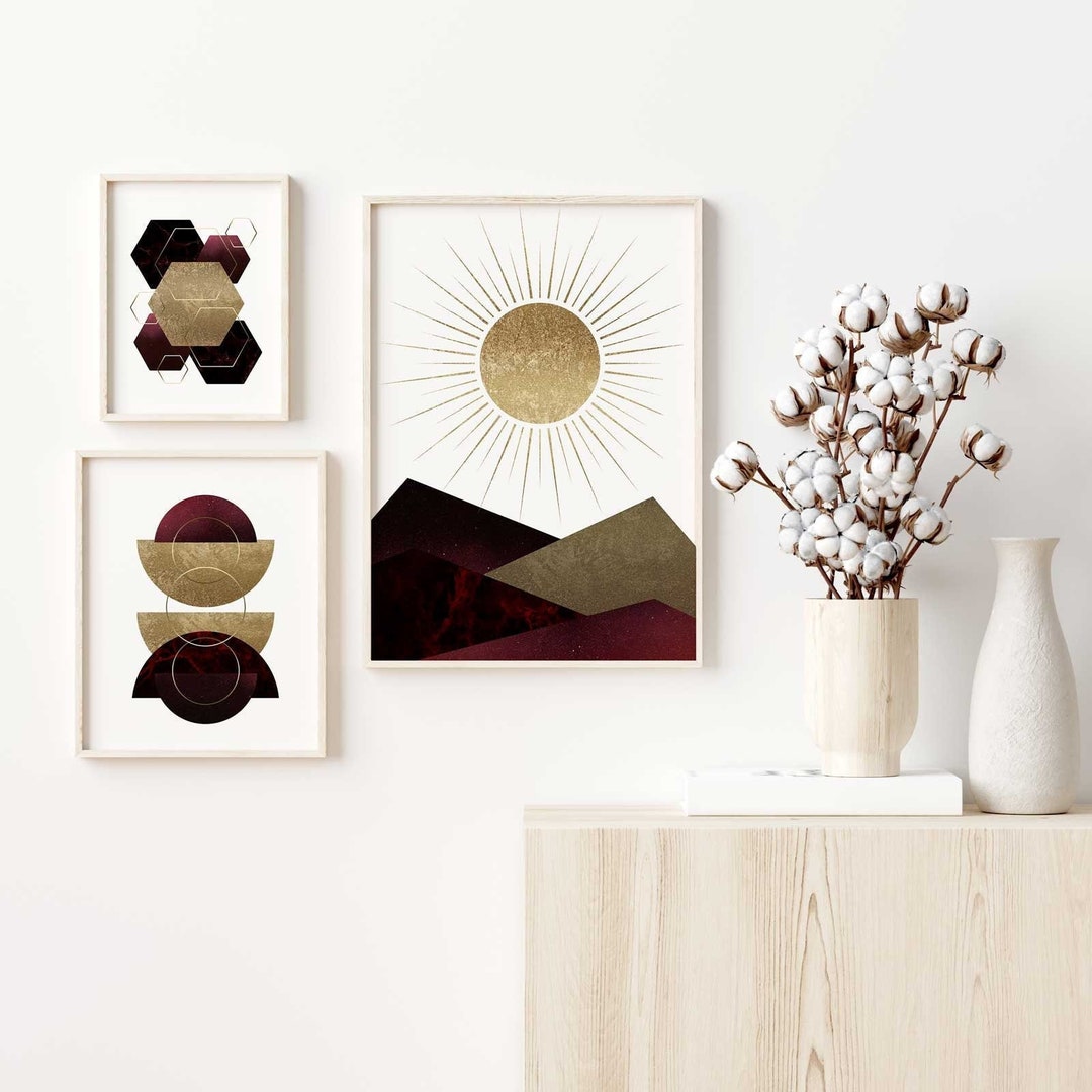 Burgundy Black Gold Print Dark Red Wall Art Print Geometric Etsy