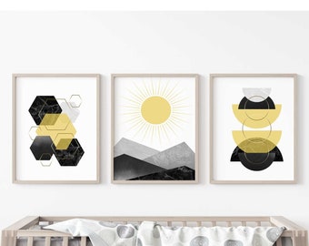 Set of 3 Yellow Art Prints, Mustard Wall Art, Yellow Wall Art, Yewllow and Grey prints, Living room prints, Marble Wall Art,Mustard Prints
