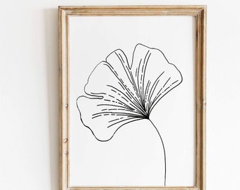 Gingko Print, Line Art, Gingko Leaf Art, Gingko Sign, Gingko Gift, One line floral Print, Line Art Flower Print, Floral Art, Ginko biloba,