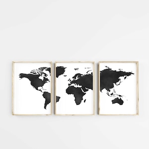 Arte de la pared del mapa mundial, cartel del mapa mundial, acuarela, impresión del mapa mundial, mapa del mundo en blanco y negro, conjunto de 3 impresiones, decoración imprimible del cartel del mapa