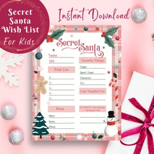 Secret Santa-vragenlijst, kerstwensenlijst voor kinderen, afdrukbare enquête Secret Santa, enquête Secret Santa, kerstideeën en -activiteiten